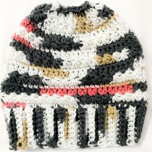 Crocheted messy bun/ponytail beanie